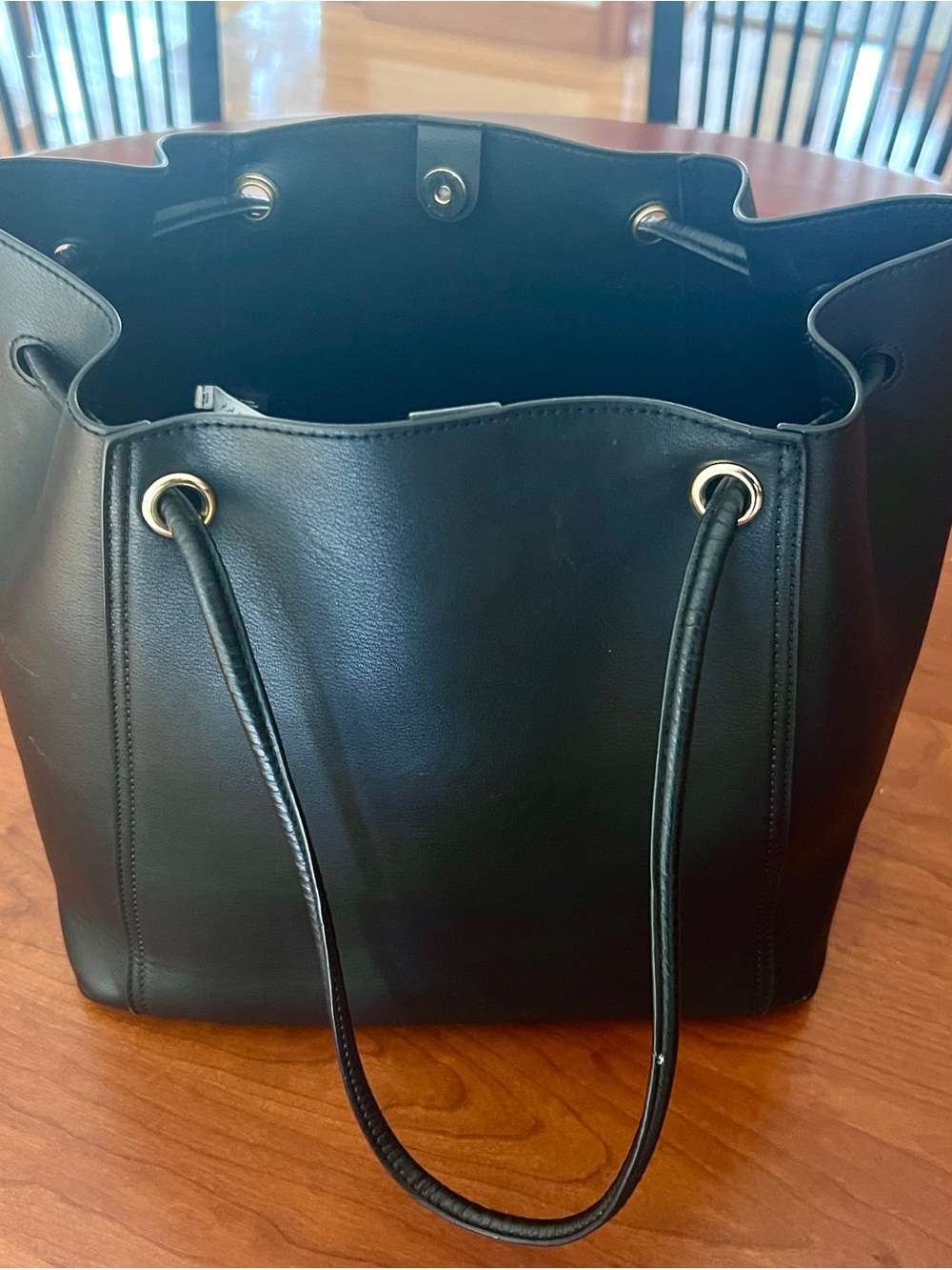 Classic Black Faux Leather Drawstring Tote